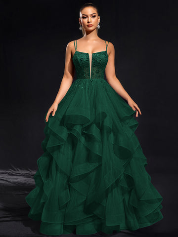 Ball-Gown/Princess Scoop Floor-Length Tulle Maxi Dresses With Rhinestone Beading