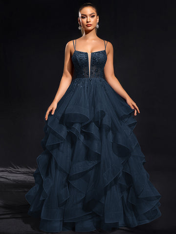Ball-Gown/Princess Scoop Floor-Length Tulle Maxi Dresses With Rhinestone Beading
