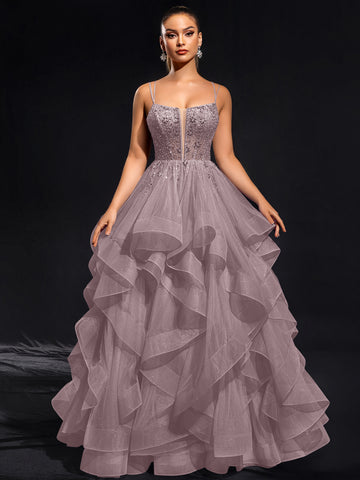 Ball-Gown/Princess Scoop Floor-Length Tulle Maxi Dresses With Rhinestone Beading