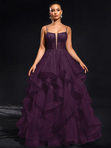 Ball-Gown/Princess Scoop Floor-Length Tulle Maxi Dresses With Rhinestone Beading