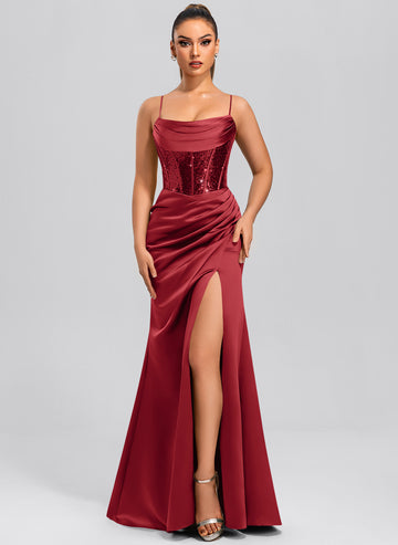 Sheath/Column Cowl Floor-Length Sequin Satin Maxi Dresses With Sequins