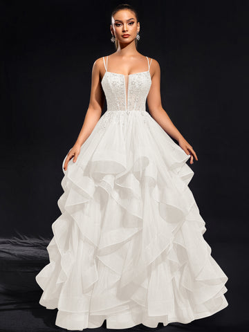 Ball-Gown/Princess Scoop Floor-Length Tulle Maxi Dresses With Rhinestone Beading