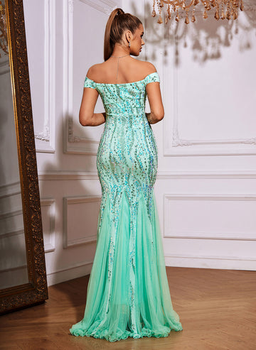 Off The Shoulder Tulle Sequin Mermaid Maxi Dresses