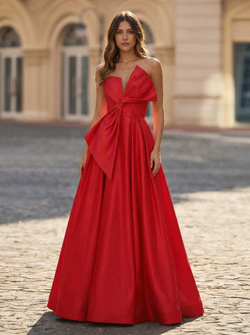 A-line Sleeveless Floor-Length Satin Maxi Dress With Bow