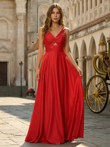 A-line V-Neck Floor-Length Silky Satin Prom Dresses With Pleated