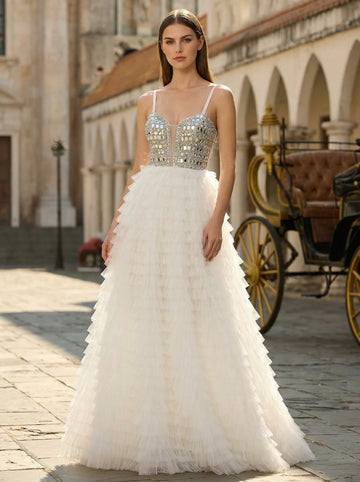 Ball-Gown/Princess Sweetheart V-Neck Sweep Train Tulle Prom Dresses With Rhinestone Sequins Beading