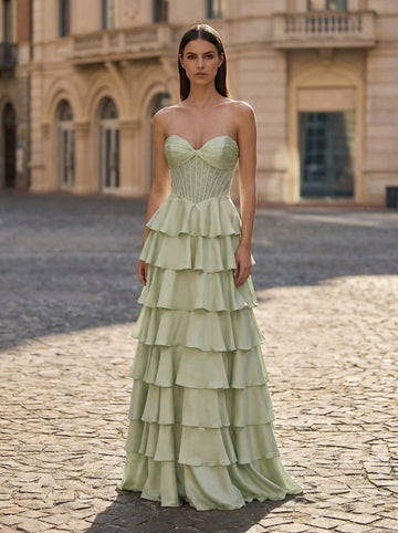 Ball-Gown/Princess Sleeveless Silky Satin Maxi Dress With Cascading Ruffles