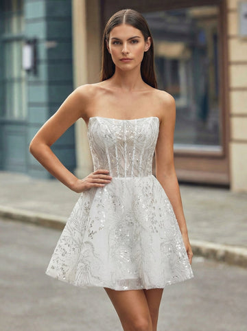 A-line Straight Short Tulle Mini Dress With Beading Sequins