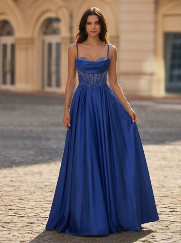A-line Sweetheart Sweep Train Silky Satin Prom Dresses With Rhinestone
