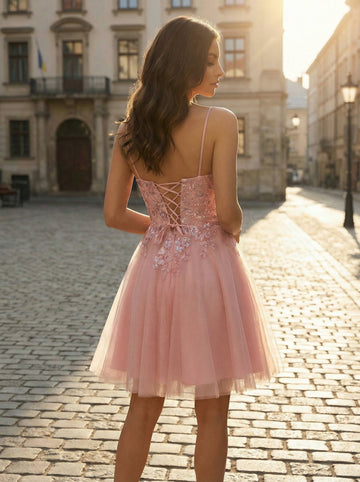 A-Line Spaghetti Straps Short Tulle Homecoming Dress