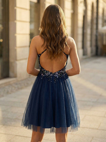 Ball-Gown/Princess Spaghetti Straps Short Tulle Homecoming Dress With Sequins