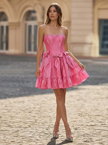 Ball-Gown/Princess Sleeveless Short Taffeta Homecoming Dress With Bow