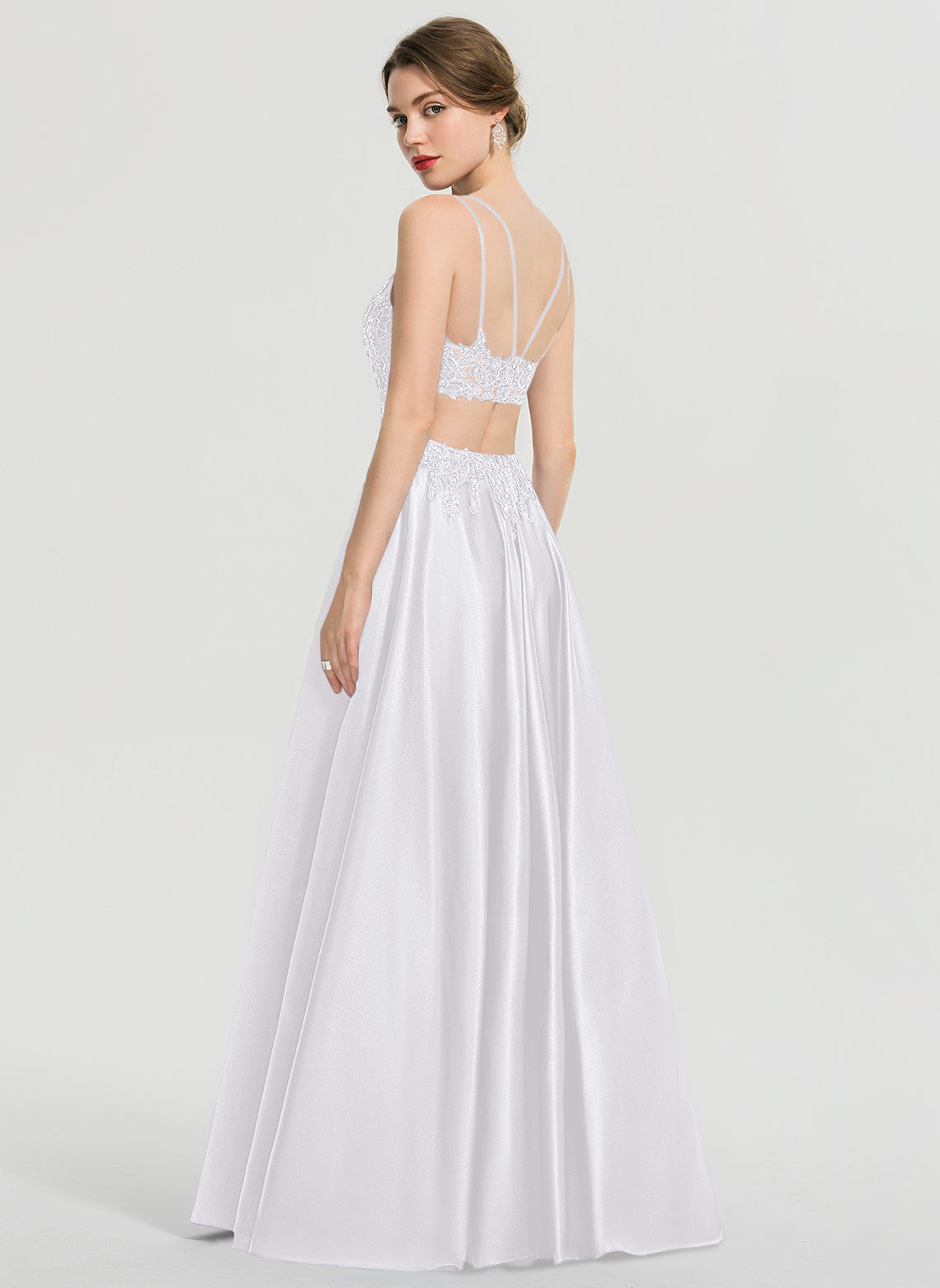Ball-Gown/Princess V-Neck Floor-Length Satin Lace Prom Dresses With Sequins main image 0
