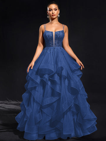 Ball-Gown/Princess Scoop Floor-Length Tulle Maxi Dresses With Rhinestone Beading