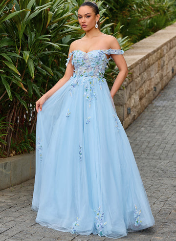 3D Floral Applique Off the Shoulder Corset Tulle Ball-Gown Maxi Dress