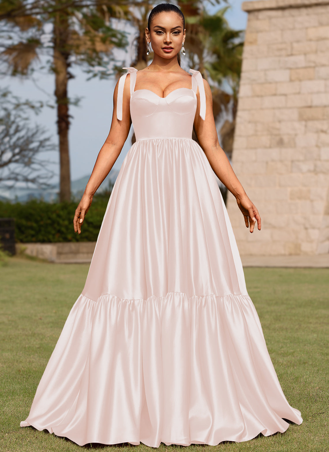 Sweetheart Ruched Satin Ball Gown Delicate Lace-Up Prom Dress Taupe main image 1