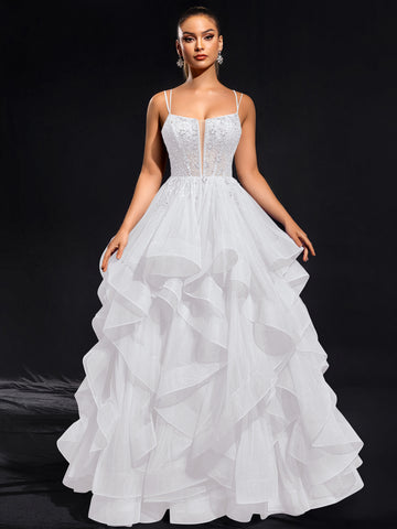 Ball-Gown/Princess Scoop Floor-Length Tulle Maxi Dresses With Rhinestone Beading