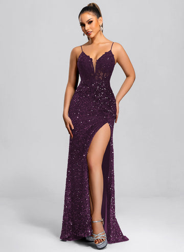 Trumpet/Mermaid V-Neck Sweep Train Sequin Maxi Dresses With Sequins Appliques Lace