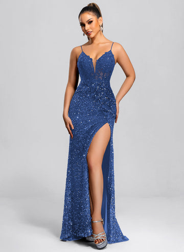 Trumpet/Mermaid V-Neck Sweep Train Sequin Maxi Dresses With Sequins Appliques Lace