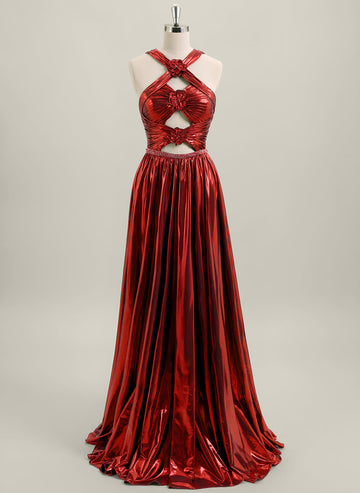 A-line Sleeveless Sweep Train Metallic Maxi Dress With Rhinestone