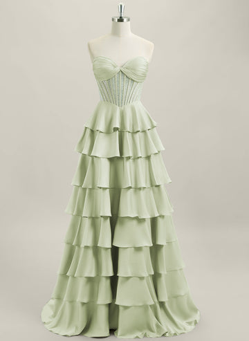 Ball-Gown/Princess Sleeveless Silky Satin Maxi Dress With Cascading Ruffles