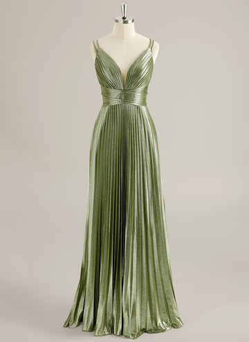 A-line V-Neck Floor-Length Jersey Prom Dresses With Pleated