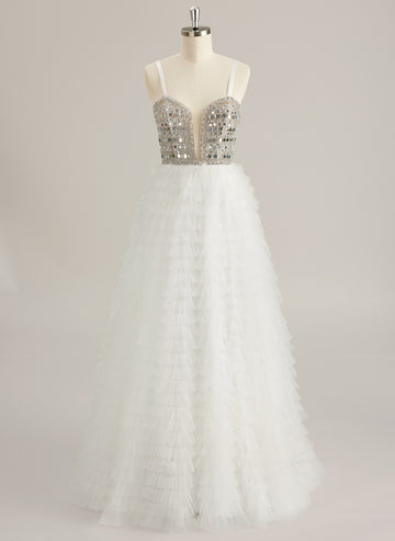 Ball-Gown/Princess Sweetheart V-Neck Sweep Train Tulle Prom Dresses With Rhinestone Sequins Beading