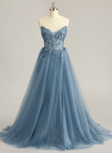 Ball-Gown/Princess V-Neck Sweep Train Tulle Prom Dresses With Beading Sequins