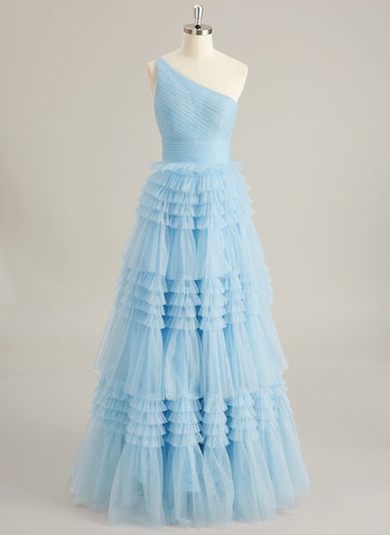 Ball-Gown/Princess One Shoulder Floor-Length Tulle Prom Dresses With Ruffle