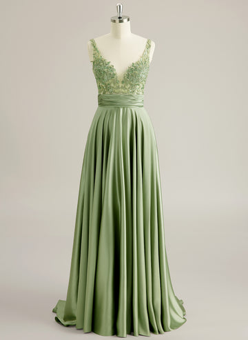 A-line V-Neck Sweep Train Jersey Prom Dresses With Sequins Beading Appliques Lace