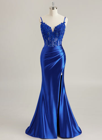 Trumpet/Mermaid V-Neck Sweep Train Jersey Prom Dresses With Rhinestone Appliques Lace Sequins Beading