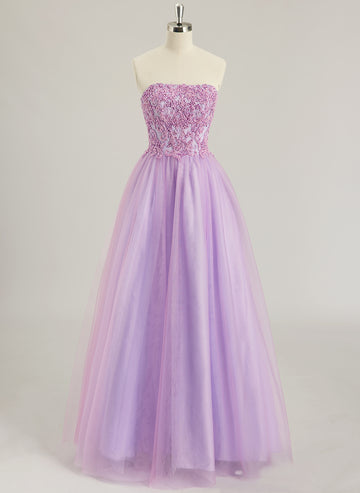 Ball-Gown/Princess Sweetheart Floor-Length Tulle Prom Dresses With Beading