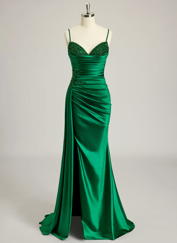 Trumpet/Mermaid V-Neck Sweep Train Jersey Prom Dresses With Beading Sequins
