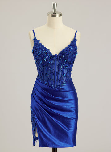 Sheath/Column V-Neck Short/Mini Jersey Prom Dresses With Beading Sequins Appliques Lace