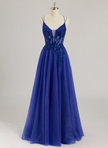 Ball-Gown/Princess V-Neck Floor-Length Tulle Prom Dresses With Beading Sequins Appliques Lace