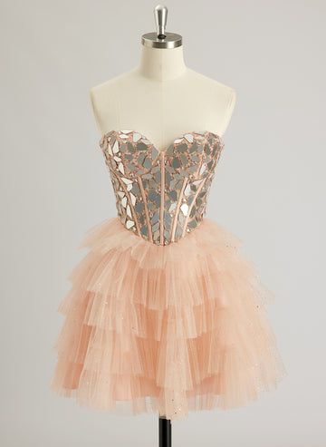 Ball-Gown/Princess Sweetheart Short/Mini Tulle Prom Dresses With Rhinestone Sequins Beading
