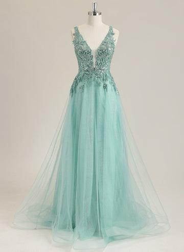 A-line Sleeveless Sweep Train Tulle Prom Dress With Sequins