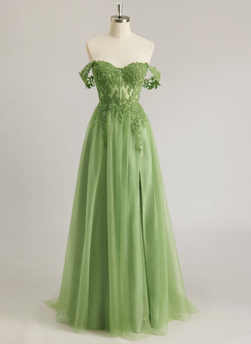A-line Off the Shoulder Sweep Train Tulle Prom Dresses With Sequins Appliques Lace Beading