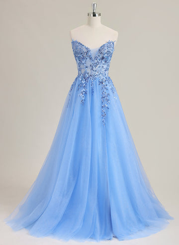 Ball-Gown/Princess Sleeveless Sweep Train Tulle Prom Dress With Sequins