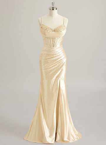 Trumpet/Mermaid V-Neck Sweep Train Silky Satin Prom Dresses With Pleated Rhinestone