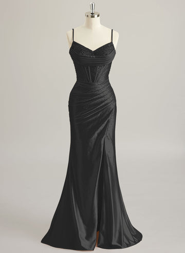 Trumpet/Mermaid V-Neck Sweep Train Silky Satin Prom Dresses With Pleated Rhinestone