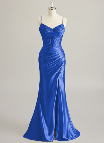 Trumpet/Mermaid V-Neck Sweep Train Silky Satin Prom Dresses With Pleated Rhinestone