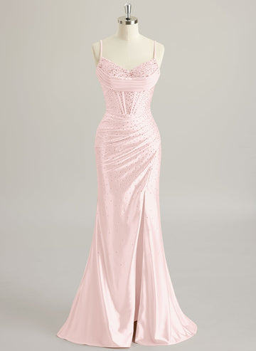 Trumpet/Mermaid V-Neck Sweep Train Silky Satin Prom Dresses With Pleated Rhinestone