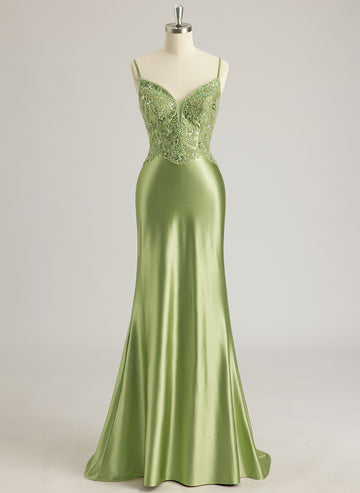 Trumpet/Mermaid V-Neck Sweep Train Silky Satin Prom Dresses With Rhinestone Beading Sequins