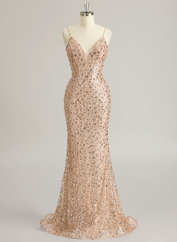 Trumpet/Mermaid V-Neck Sweep Train Sequin Prom Dresses With Sequins