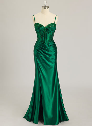 Trumpet/Mermaid V-Neck Sweep Train Silky Satin Prom Dresses With Rhinestone Sequins Beading