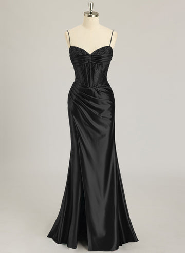 Trumpet/Mermaid V-Neck Sweep Train Silky Satin Prom Dresses With Rhinestone Sequins Beading