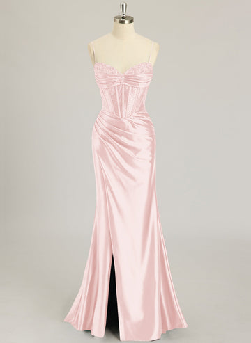 Trumpet/Mermaid V-Neck Sweep Train Silky Satin Prom Dresses With Rhinestone Sequins Beading