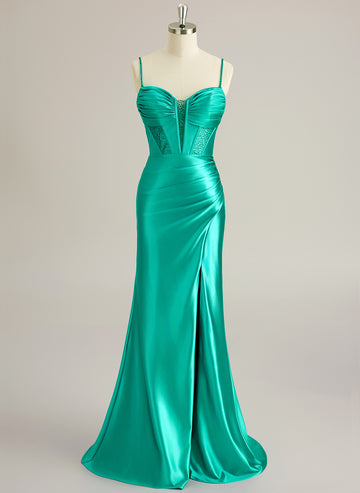 Trumpet/Mermaid Sweetheart Sweep Train Silky Satin Prom Dresses With Pleated Rhinestone