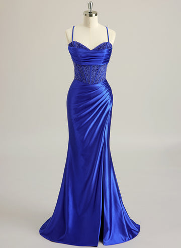 Trumpet/Mermaid Sweetheart Sweep Train Silky Satin Prom Dresses With Beading Sequins Pleated